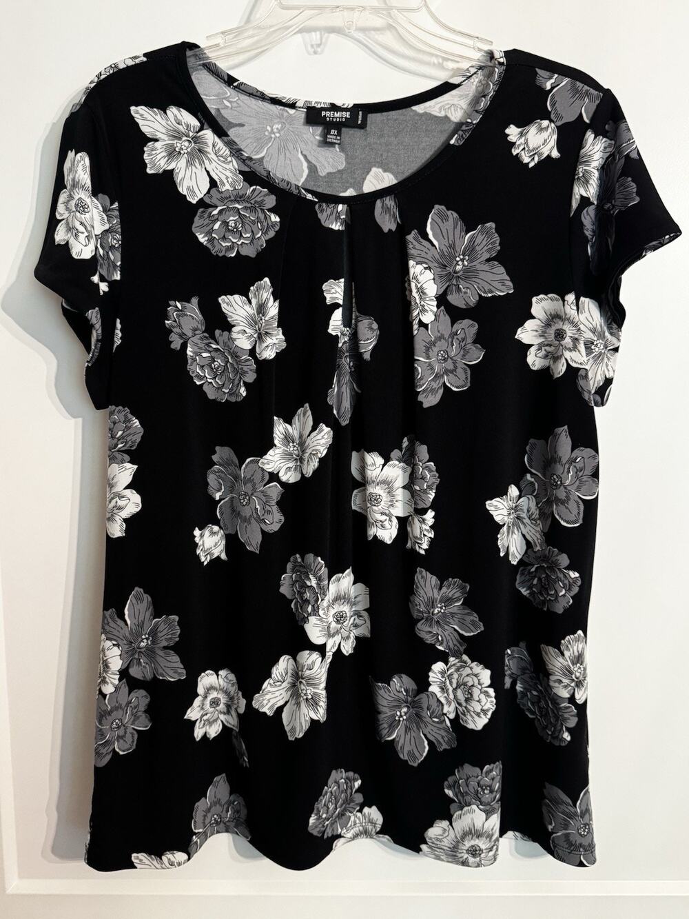 Premise Studio Shirt Womens 0X Black Floral Keyhole Short Cap Sleeve Office Work
